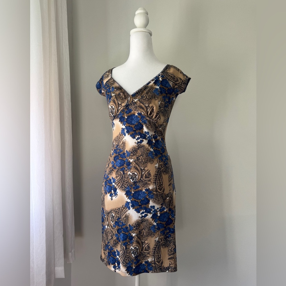 Vintage Y2K Venus USA Blue & Brown Floral Print Cap Sleeve Bodycon Mini Dress